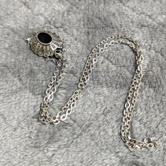 Vintage Sterling Silver, Onyx and Marcasite Turtle Pendant/Necklace - Picture 4 of 16